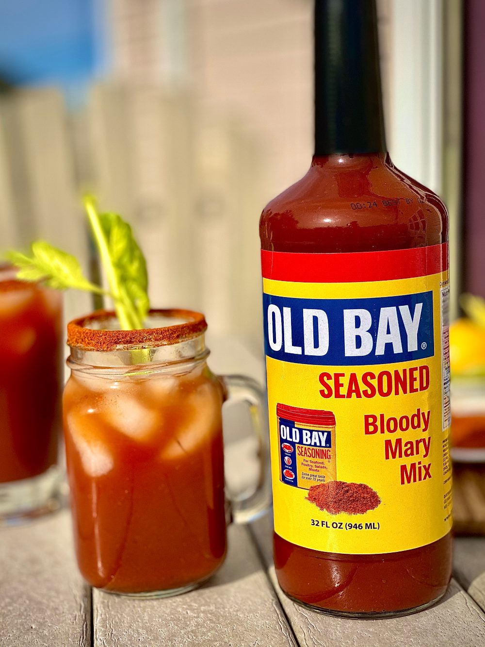 old bay bloody mary mix bottle and cocktail