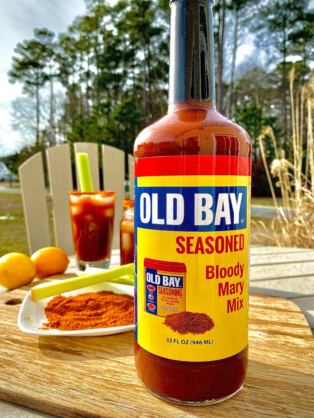 old bay bloody mary mix bottle with cocktails