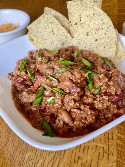 bowl of FRANK'S RedHot® Bloody Mary Chili with chips