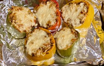 several GEORGE’S® Bloody Mary Stuffed Peppers on aluminum foil