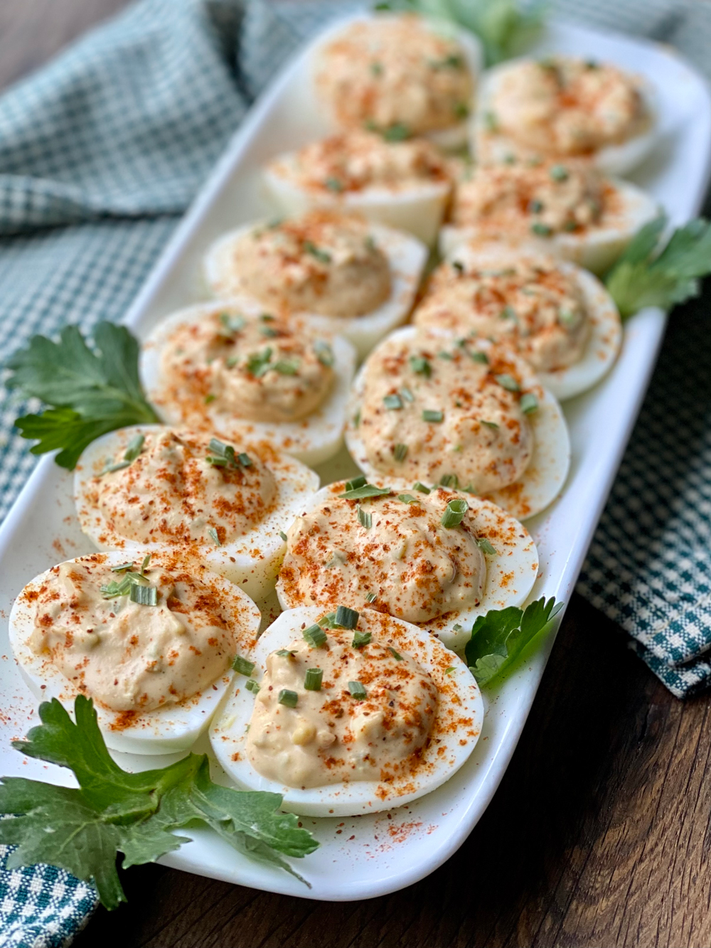 close up on GEORGE’S® Bloody Mary Deviled Eggs on serving dish