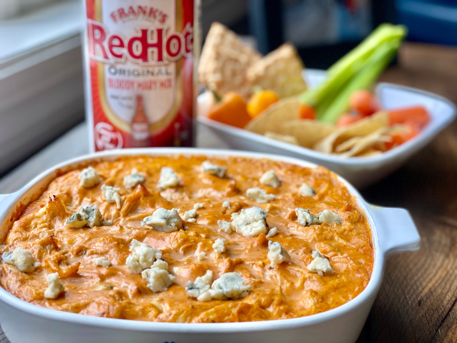 buffalo chicken dip with frank's redhot bloody mary mix bottle