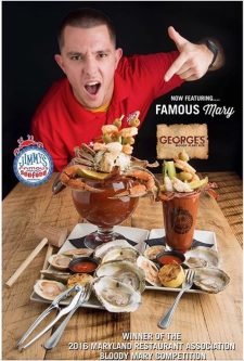 shouting man points to award winning Jimmy’s Famous Seafood “Famous Mary” served with steamed crab and oysters