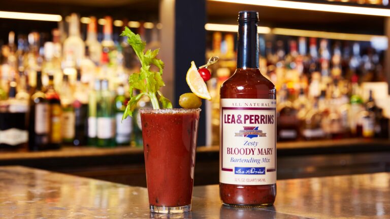 Lea & Perrins Bloody Mary Mix Cocktail and bottle on bar